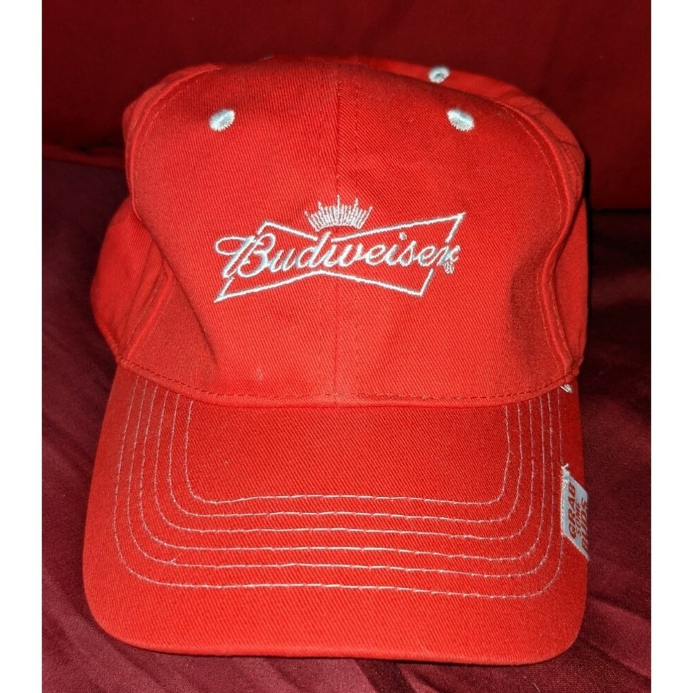 Budweiser Strapback Baseball Hat Red Cap With White Stitching Grab Some Buds EUC